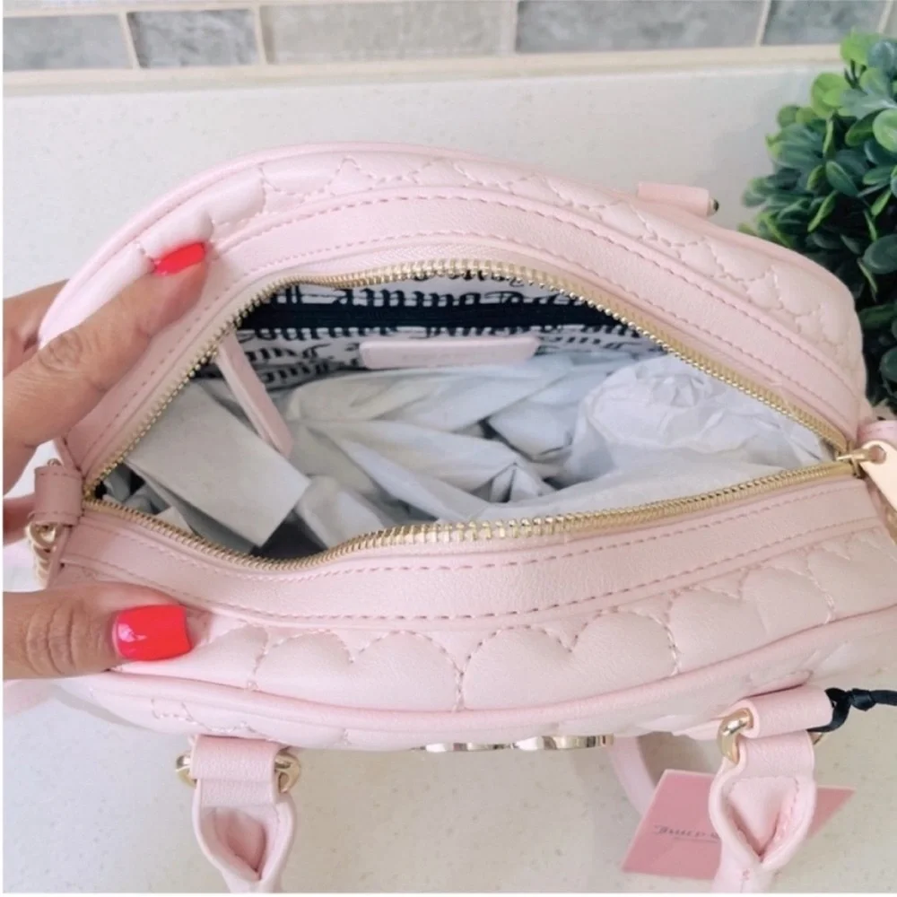 NEW Juicy Couture Pink Heart Quilted‎ Satchel Crossbody Bag Rhinestone JC Logo